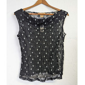 Notations Black Mesh Top Whimsigoth Sheer White Flowers Indie Grunge Medium